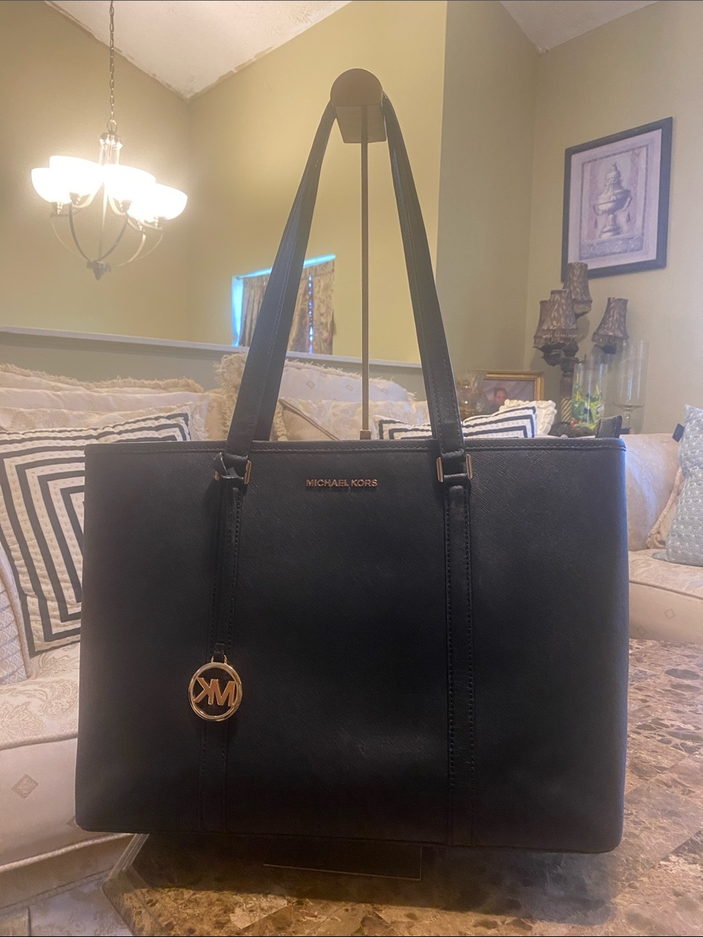 Michael Kors Black Leather Carryall Tote with Gold MK Charm